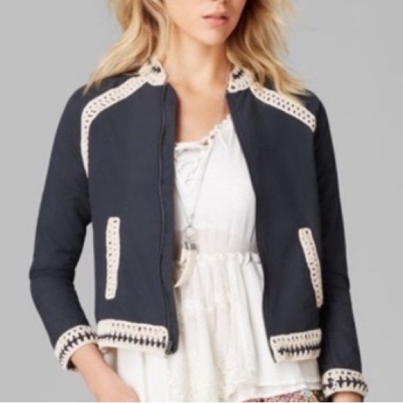 Free People baseball jacket cropped crochet trim Size Large - Picture 3 of 16
